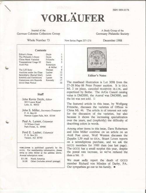 VORLAUFER Journal/Magazine-German Colonies Collectors Group-December 1988-Pg73.1-73.20