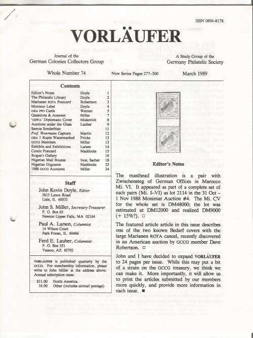 VORLAUFER Journal/Magazine-German Colonies Collectors Group-March 1989-Pg74.1-74.24