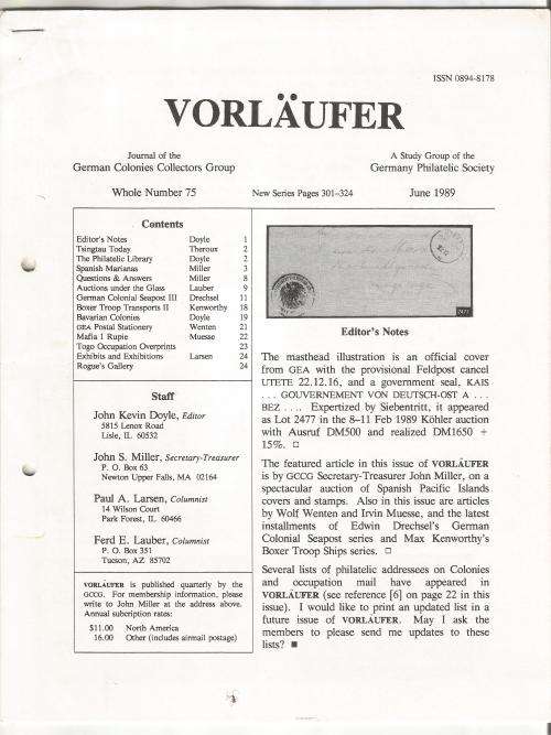 VORLAUFER Journal/Magazine-German Colonies Collectors Group-June1989-Pg75.1-75.24