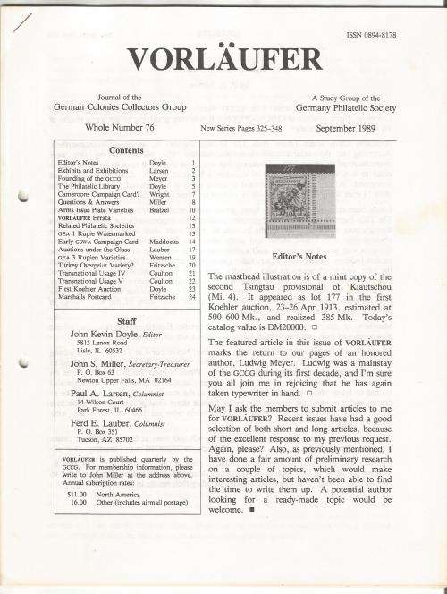 VORLAUFER Journal/Magazine-German Colonies Collectors Group-September 1989-Pg76.1-76.24