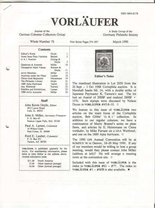 VORLAUFER Journal/Magazine-German Colonies Collectors Group-March 1990-Pg78.1-78.24