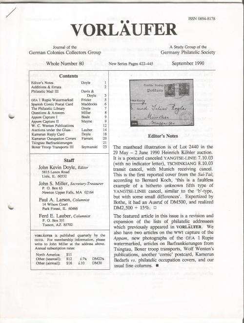 VORLAUFER Journal/Magazine-German Colonies Collectors Group-September 1990-Pg80.1-80.24