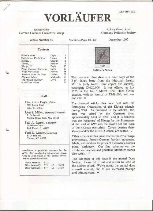 VORLAUFER Journal/Magazine-German Colonies Collectors Group-December 1990-Pg81.1-81.24