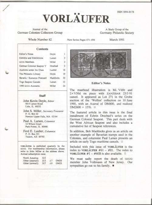 VORLAUFER Journal/Magazine-German Colonies Collectors Group-March 1991-Pg82.1-82.24