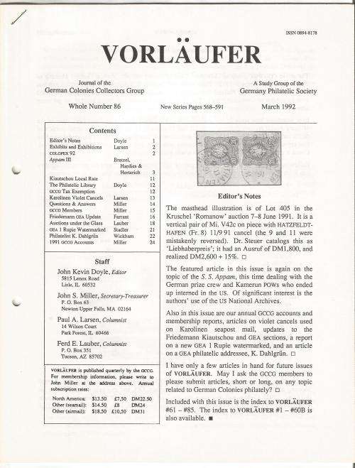 VORLAUFER Journal/Magazine-German Colonies Collectors Group-March 1992-Pg86.1-86.24