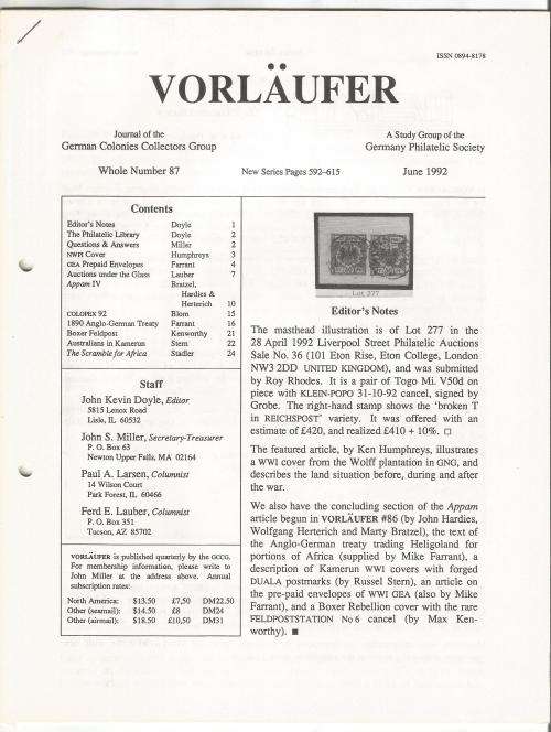 VORLAUFER Journal/Magazine-German Colonies Collectors Group-June 1992-Pg87.1-87.24