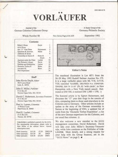 VORLAUFER Journal/Magazine-German Colonies Collectors Group-September 1992-Pg88.1-88.24