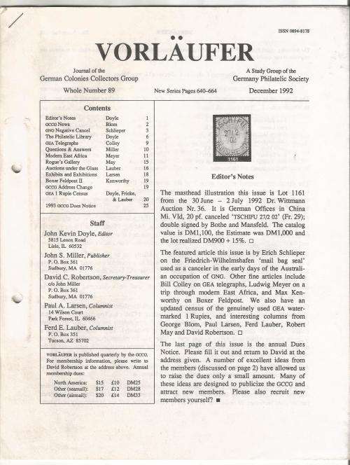 VORLAUFER Journal/Magazine-German Colonies Collectors Group-December 1992-Pg89.1-89.24