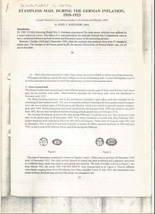 Reference Material-Philately-Stampless Mail during the German Inflation -7xPages-Eng-Photocopies