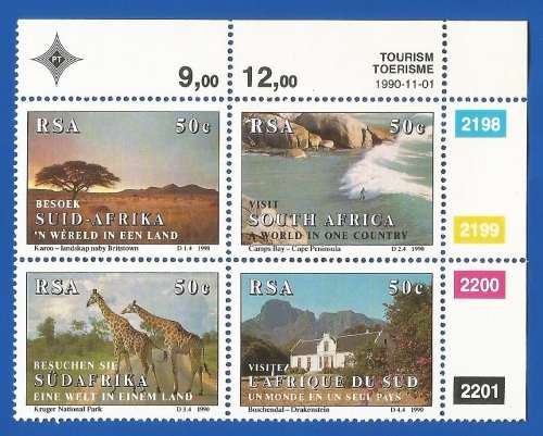 RSA-Stamps-MNH-1990-SACC731-734Tourism in S.A.-Control Block-Thematic-Flora-Fauna-Places of Interest