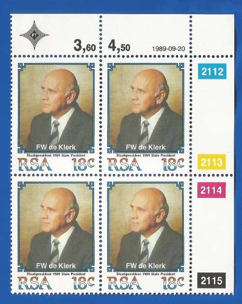 RSA-1989-MNH-Control Blocks-SACC 709-State President F.W. de Klerk-Thematic-Famous person