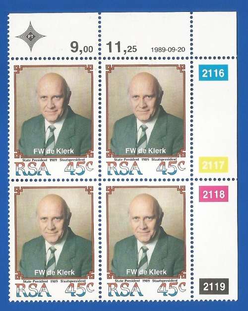 RSA-1989-MNH-Control Blocks-SACC 710-State President F.W. de Klerk-Thematic-Famous person