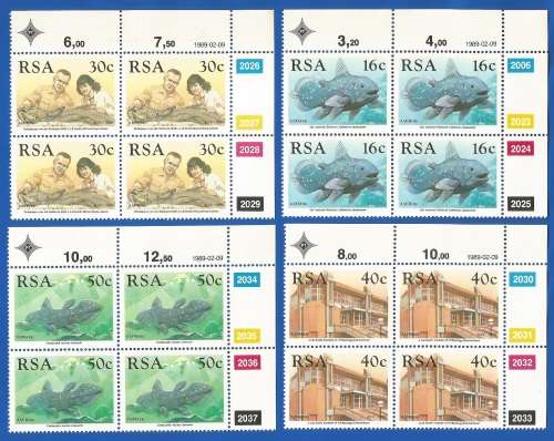 RSA-1989-MNH-Control Blocks-SACC691-694-Identification of the Coelacanth-Thematic-Building-Fish
