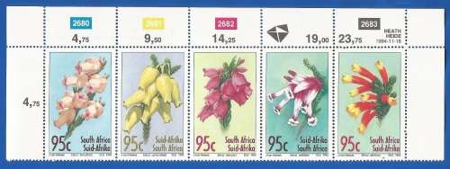 RSA-1994-MNH-Control Strip of Five-SACC883-887-Heathers-Thematic-Flora-Flowers