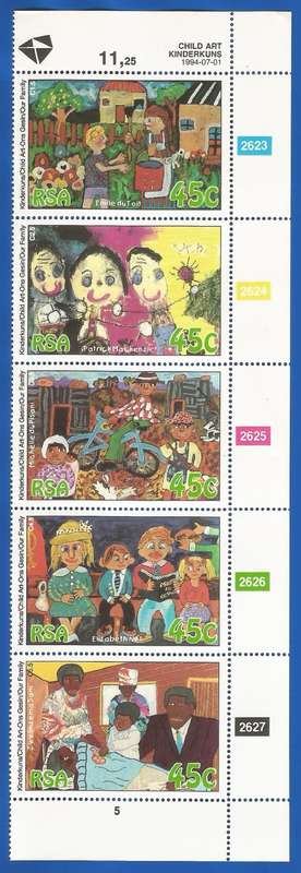 RSA-1994-MNH-Control Strip of Five-SACC873-877-Child Art-Thematic-Art-Family