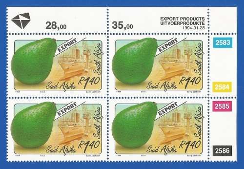 RSA-1994-MNH-Control Blocks-SACC853-857-Export Fruits-Thematic-Flora-Fruits