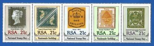 RSA-1990-MNH-SACC722-726-National Stamp Day-Setenant Strip of 5-Thematic-Stamps