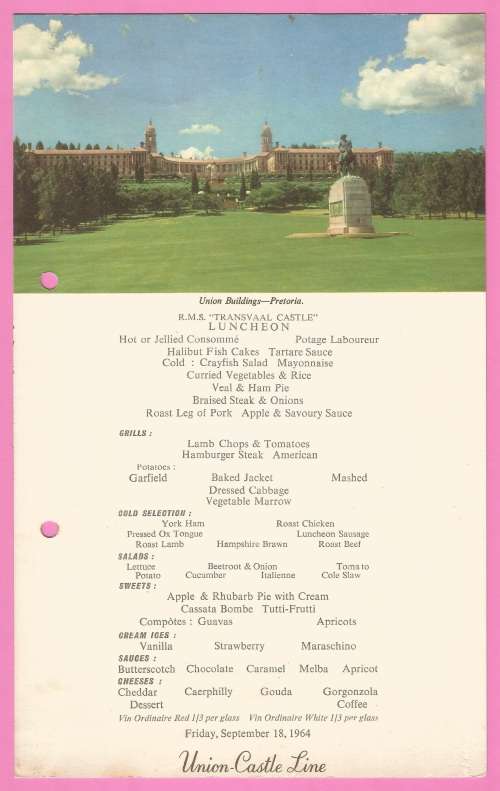 Vintage-Menu-1964-Union Castle Line-R.M.S. Transvaal Castle Luncheon-Union Buildings-Pretoria