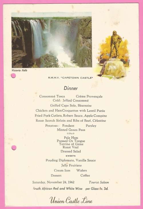 Vintage-Menu-1962-Union Castle Line-R.M.M.V. Capetown Castle-Dinner