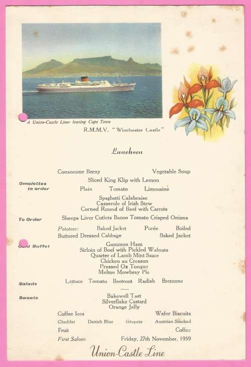 Vintage-Menu-1959-Union Castle Line-R.M.M.V. Winchester Castle-Luncheon
