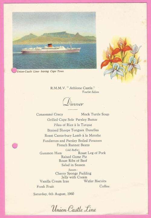Vintage-Menu-1960-Union Castle Line-R.M.M.V. Athlone Castle-Dinner