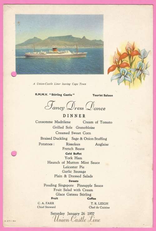 Vintage-Menu-1957-Union Castle Line-R.M.M.V. Stirling Castle-Dinner