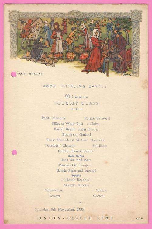 Vintage-Menu-1958-Union Castle Line-R.M.M.V. Stirling Castle-Dinner