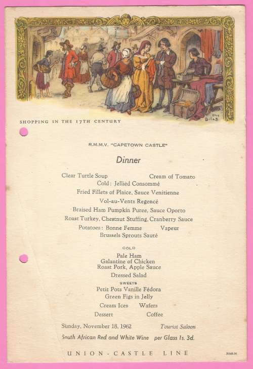 Vintage-Menu-1962-Union Castle Line-R.M.M.V. CapeTown Castle-Dinner