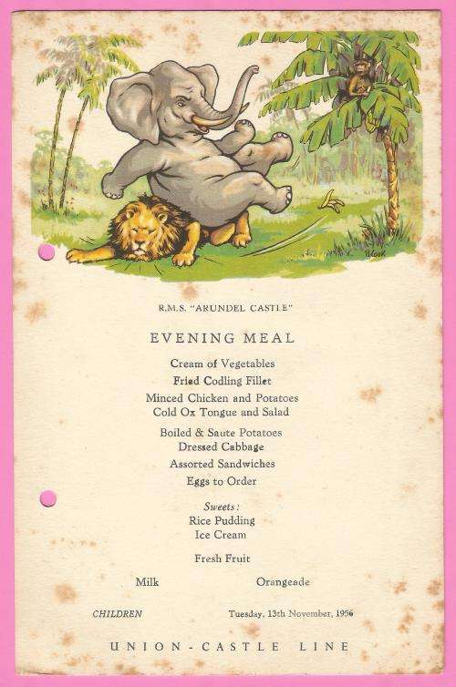 Vintage-Menu-1956-Union Castle Line-R.M.S Arundel Castle-Evening Meal