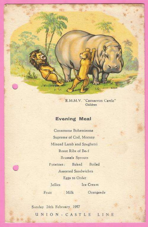Vintage-Menu-1957-Union Castle Line-R.M.M.V. Carnarvon Castle-Evening Meal