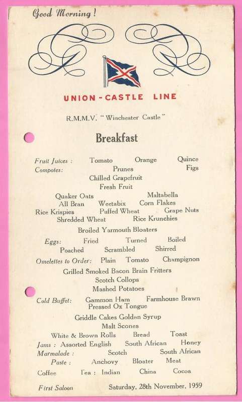Vintage-Menu-Saturday 28th November 1959-Union Castle Line-R.M.M.V. Winchester Castle-Toning Noted