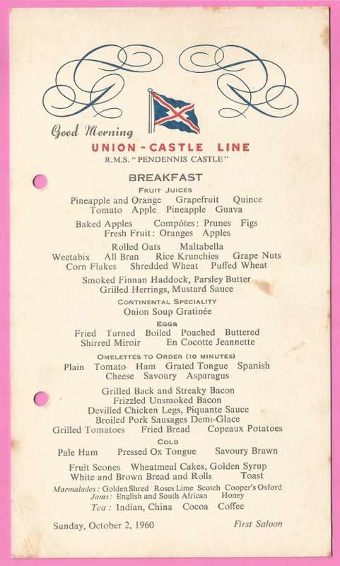 Vintage-Menu-Sunday 2 October 1960-Union Castle Line-R.M.S. Pendennis Castle-Toning Noted