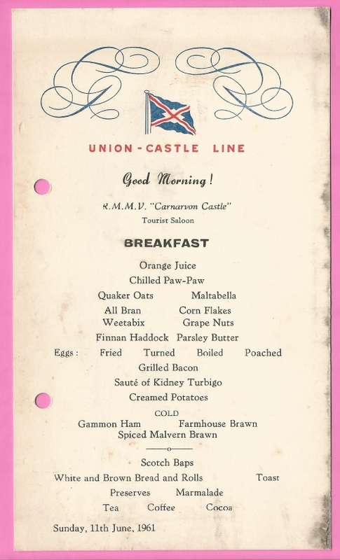Vintage-Menu-Sunday 11th June 1961-Union Castle Line-R.M.M.V. Carnarvon Castle-Toning Noted
