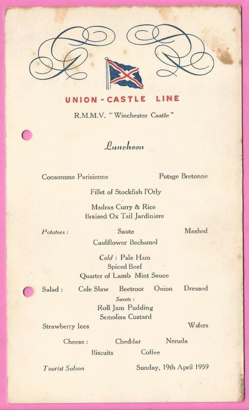 Vintage-Menu-Sunday 19th April 1959-Union Castle Line-R.M.M.V. Winchester Castle-Toning Noted