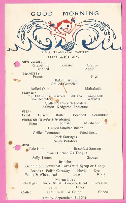 Vintage-Menu-Friday September 18-1964-Union Castle Line-R.M.S. Transvaal Castle-Toning Noted