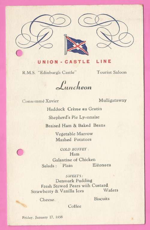 Vintage-Menu- Friday January 17-1958-Union Castle Line-R.M.S. Edinburgh Castle-Toning Noted