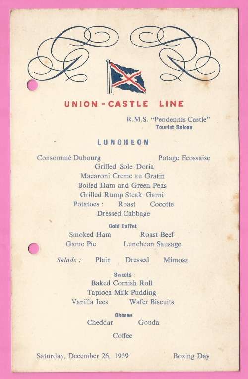 Vintage-Menu- Saturday December 26-1959-Union Castle Line-R.M.S. Pendennis Castle-Toning Noted