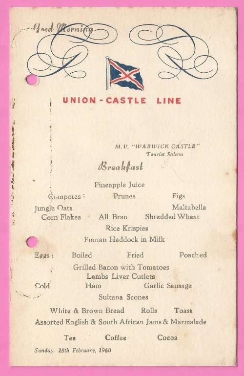 Vintage-Menu-Sunday 28th February-1960-Union Castle Line-M.V. Warwick Castle-Toning Noted