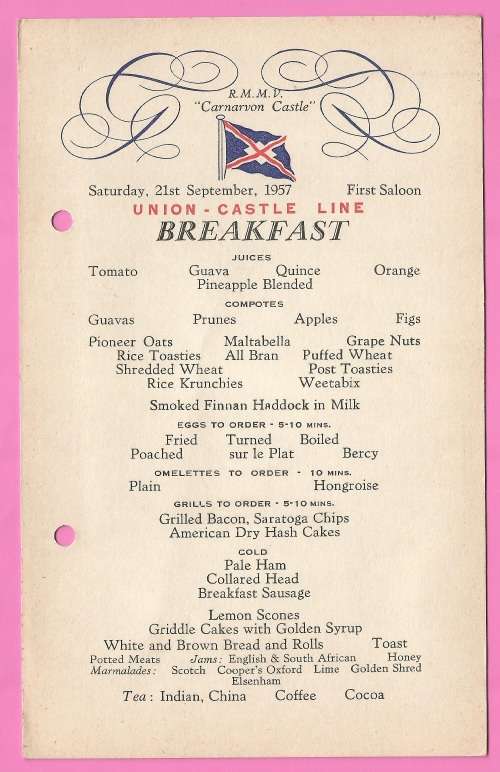 Vintage-Menu-Saturday 21st September-1957-Union Castle Line-R.M.M.V. Carnarvon Castle-Toning Noted