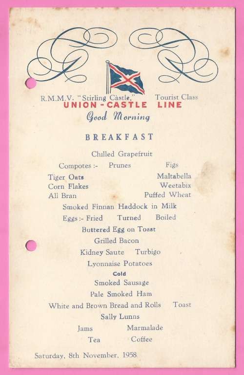 Vintage-Menu-Saturday 8th November-1958-Union Castle Line-R.M.M.V. Stirling Castle-Toning Noted