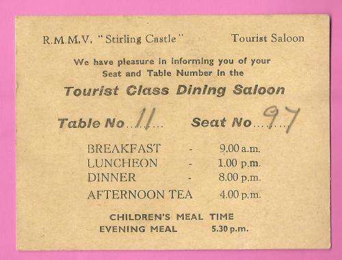 Vintage-R.M.M.V Stirling Castle-Tourist Class Dining Saloon-Table no 11 - Seat no 97 Ephemera