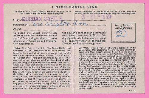 Vintage-Union Castle Line-Durban Castle-3 Sep 1959-Pass Ephemera