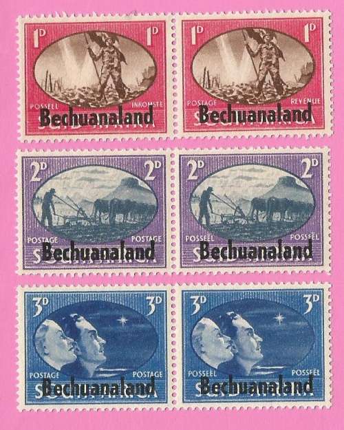Bechuanaland-MM-1945-SACC124-126-Victory Stamps of S.A.Overprinted-Shifted overprint-Thematic-Symbol