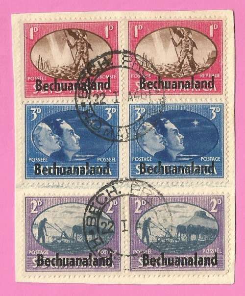Bechuanaland-Used-1945-SACC124-126-Victory Stamps of S.A. Overprinted-Shifted Overprint-On Paper