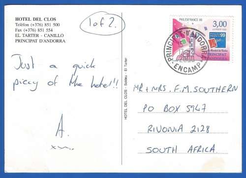 2000-Post Card-Used-Hotel Del Clos