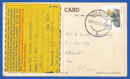 1991-Post Card-Used-Umzinto Cancel. Scott Street Newcastle