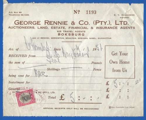 Document-Receipt-1951-George Rennie & Co. (Pty) Ltd-Receipt No 1193-Fiscally Used Stamp