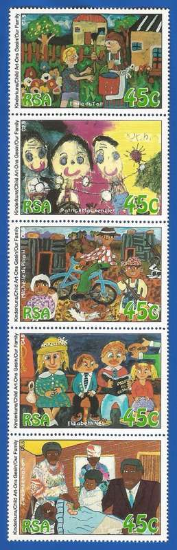 1994-RSA-Setenant vertical strip of 5-MNH- SACC 873-877-Child Art-`Our Family`