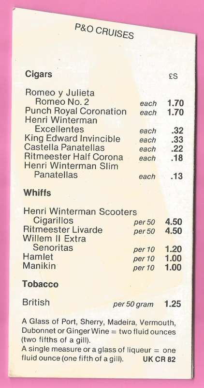 Collectable-Vintage-Bar Price List-P & O Cruises-Sea Princess