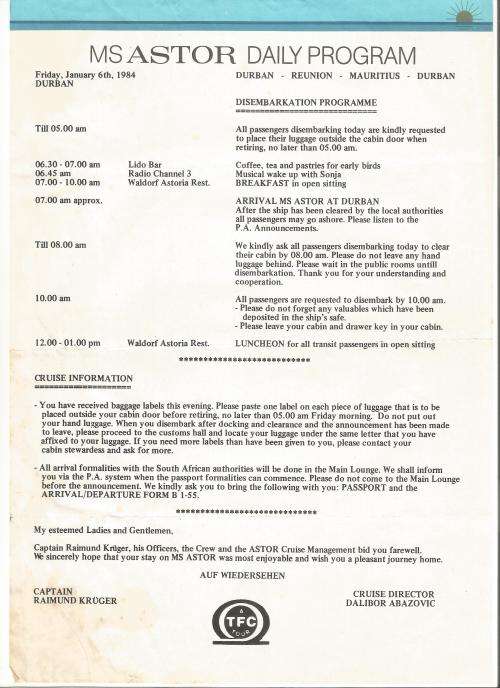 Program-MS Astor-A TFC Tour-Friday January 6th 1984-Disembarkation Program-Cruise information